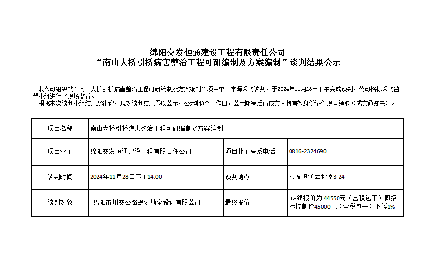 綿陽交發(fā)恒通建設工程有限責任公司“南山大橋引橋病害整治工程可研編制及方案編制”談判結果公示.png