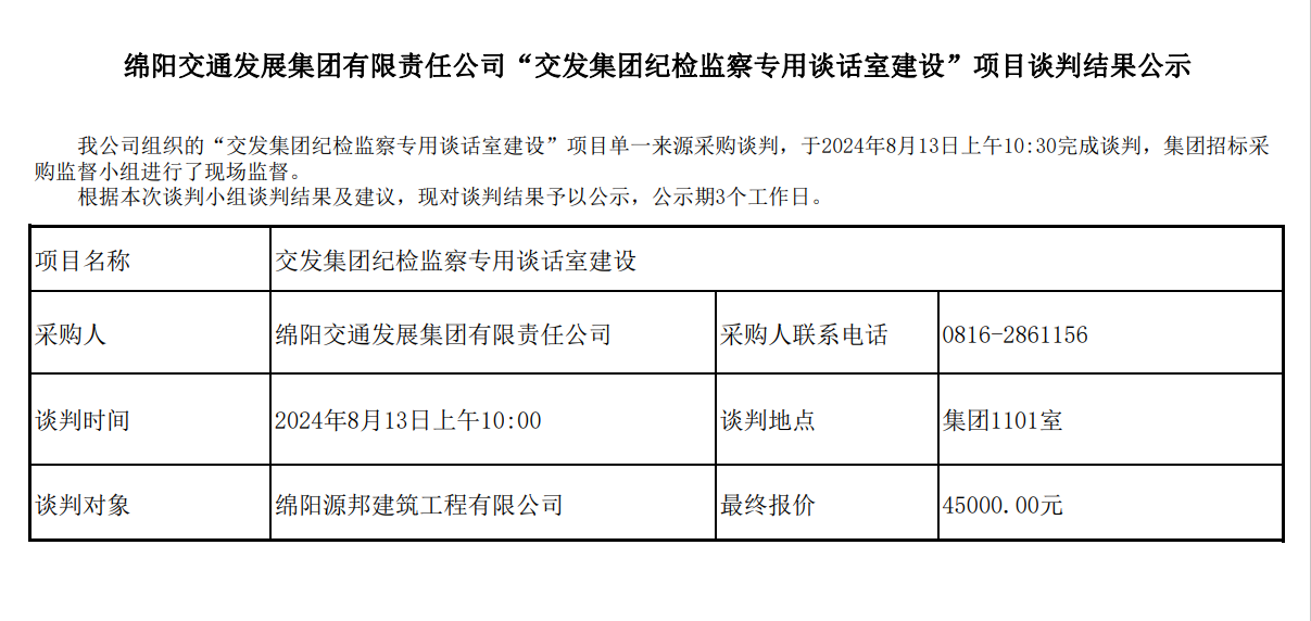 綿陽交通發(fā)展集團(tuán)有限責(zé)任公司“交發(fā)集團(tuán)紀(jì)檢監(jiān)察專用談話室建設(shè)”項目談判結(jié)果公示.png